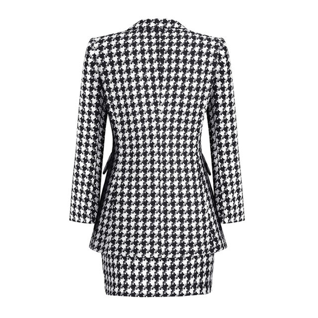 Black Plaid Print Blazer and Button Split Skirt Set TQF711046-2