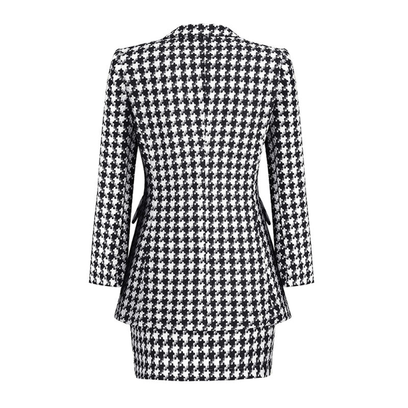 Black Plaid Print Blazer and Button Split Skirt Set TQF711046-2