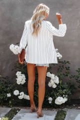 White Double Breasted Pocketed Striped Blazer LC852386-1