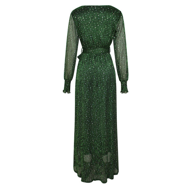 Green Sequin V Neck High Split Maxi Dress TQK311352-9