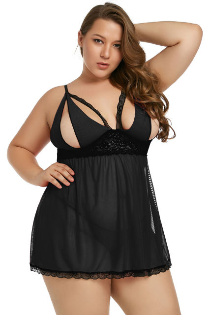 Black Plus Size Peek-a-boo Valentine Babydoll LC31143-2