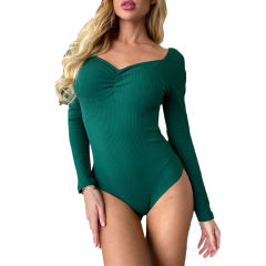 Green Pleated V Neck Long Sleeve Bodysuit TQK550215-9