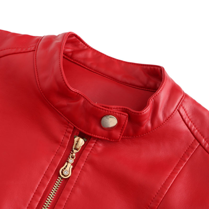 Red Stand Collar Zipper Detail PU Leather Jacket TQK280094-3