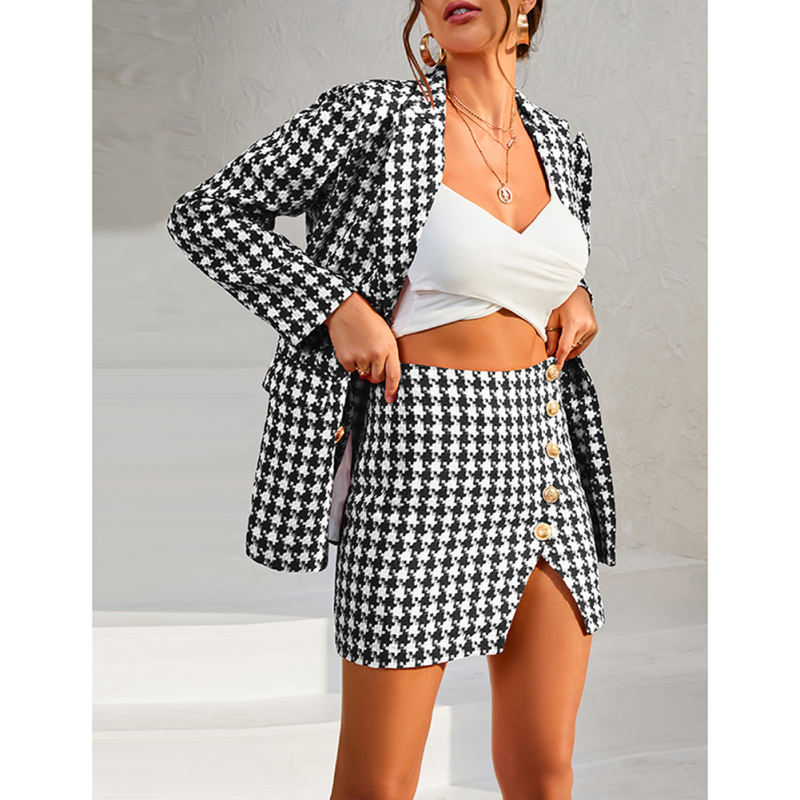 Black Plaid Print Blazer and Button Split Skirt Set TQF711046-2