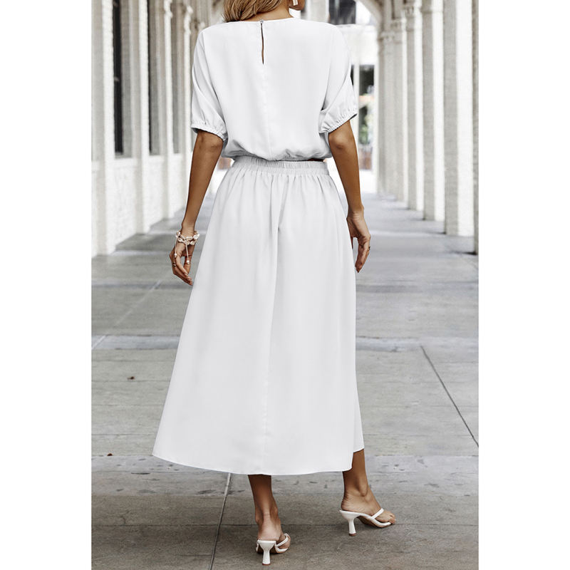 White Pleated Crop Top with Skirt Set TQX711094-1