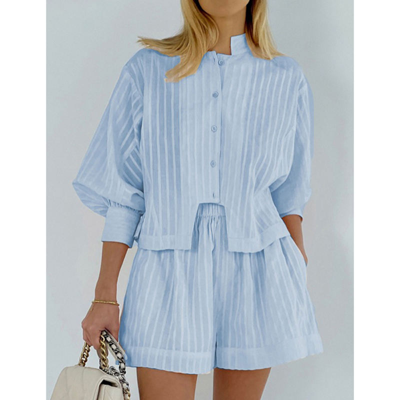 Blue Jacquard 100%Cotton Button Shirt and Shorts Set TQF711024-5