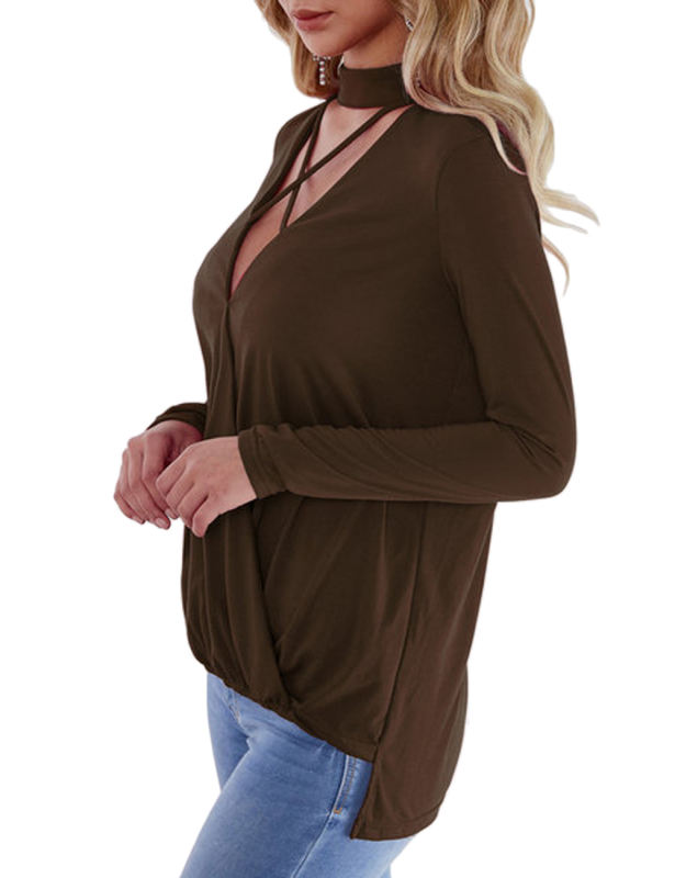 Brown Front Criss-cross long sleeve v neck blouse