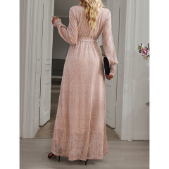 Champagne Sequin V Neck High Split Maxi Dress TQK311352-53