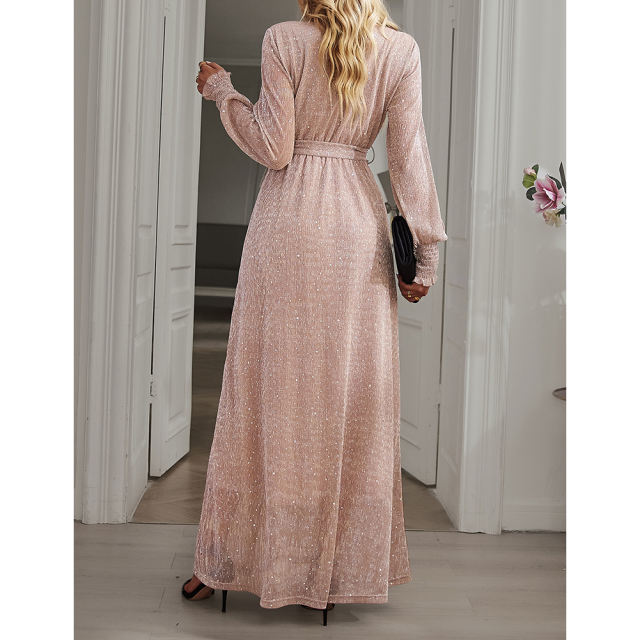 Champagne Sequin V Neck High Split Maxi Dress TQK311352-53