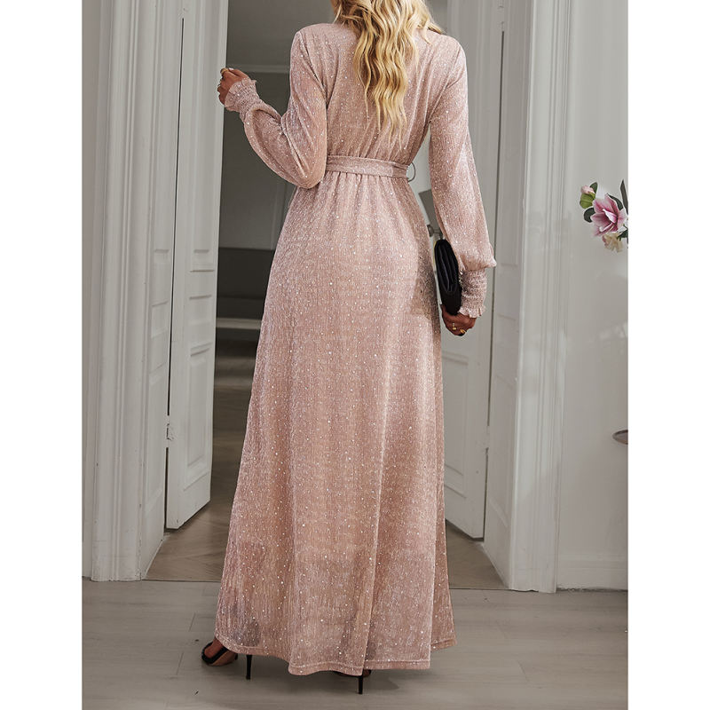 Champagne Sequin V Neck High Split Maxi Dress TQK311352-53