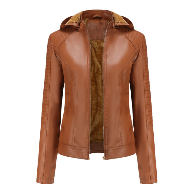 Camel Fleece Lined Plus Size PU Leather Jacket TQK280097-58