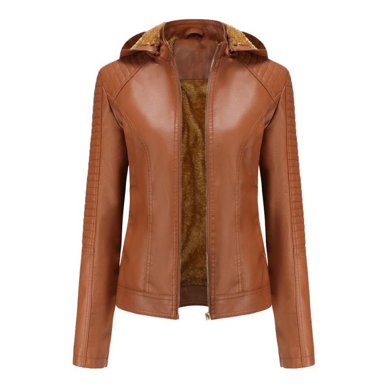 Camel Fleece Lined Plus Size PU Leather Jacket TQK280097-58