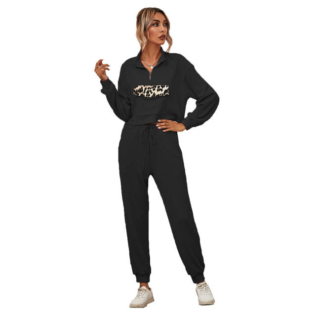 Black Zipper Up Leopard Detail Sweatshirt with Pant Set TQK710222-2