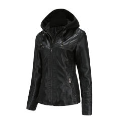 Black Removable Hooded Washed PU Leather Jacket TQK280096-2