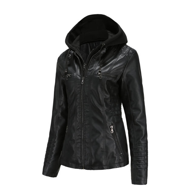 Black Removable Hooded Washed PU Leather Jacket TQK280096-2
