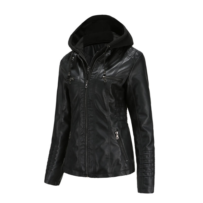 Black Removable Hooded Washed PU Leather Jacket TQK280096-2