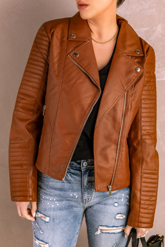 Brown Ribbed Seam Detail Faux Leather Zipped Motorcycle Jacket LC8512444-17