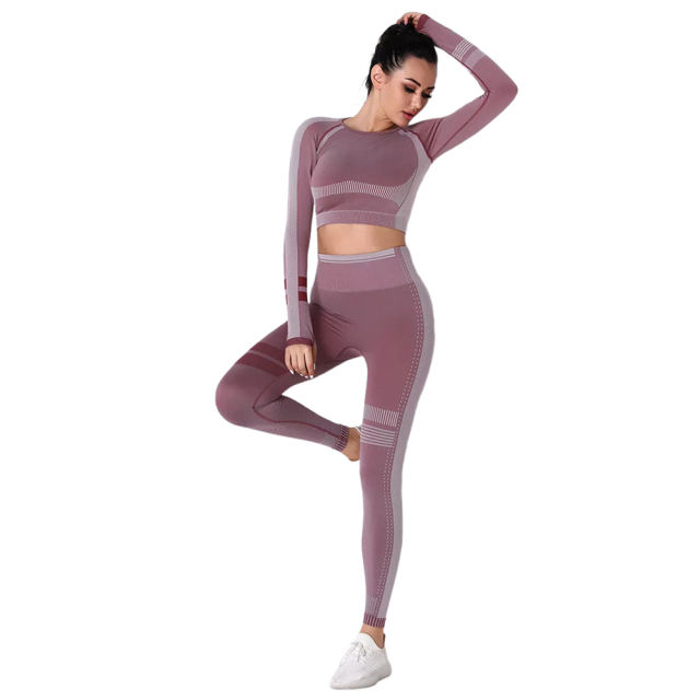 Wine Red Seamless Knit Long Sleeve Pant Yoga Set TQE91372-103