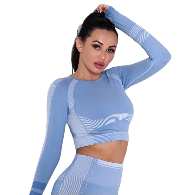 Light Blue Seamless Knit Long Sleeve Pant Yoga Set TQE91372-30