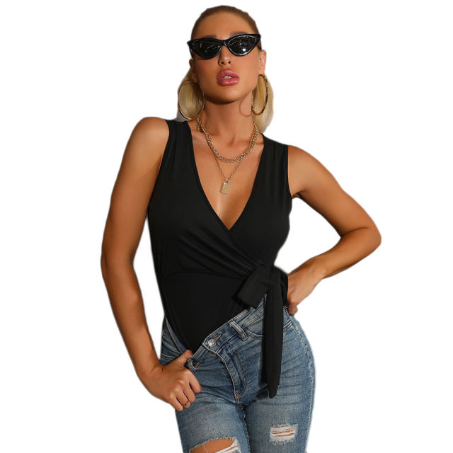 Black Front Knotted V Neck Bodysuit TQK550232-2