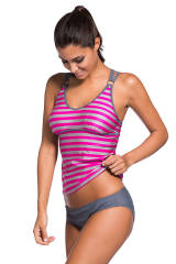 Grey Rosy Striped Strappy Two Piece Swimsuit