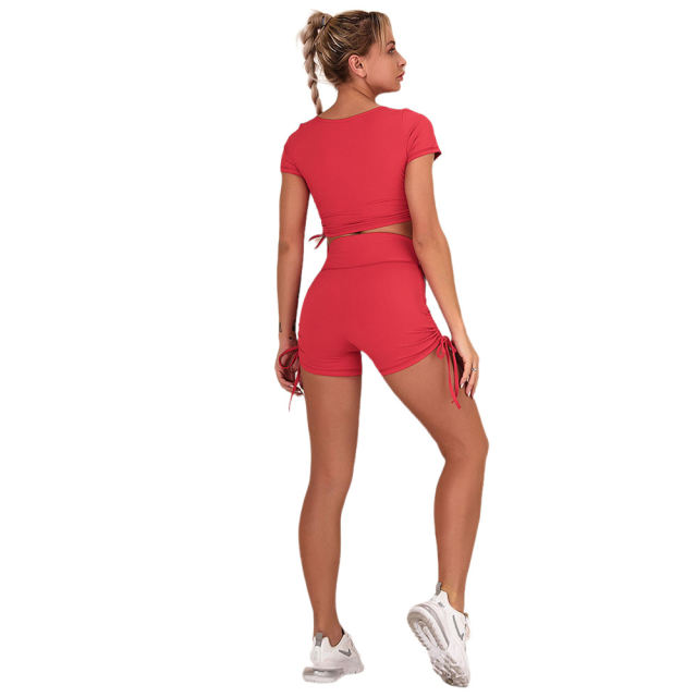 Red Sides Drawstring Short Sleeve Yoga Short Set TQK710241-3