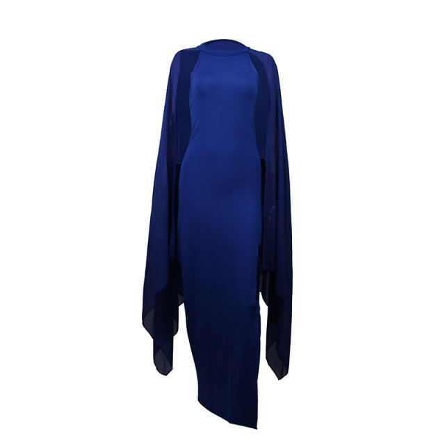 Blue Crepe Flared Sleeve Bodycon Maxi Dress LCSN070-5