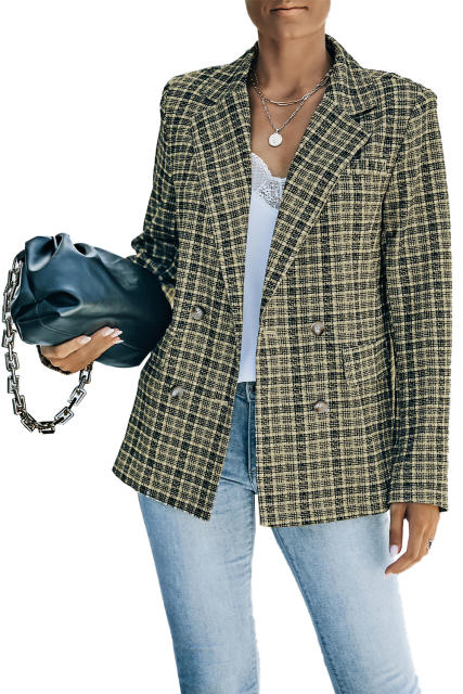Black Plaid Double Breasted Lapel Collar Blazer LC852395-2