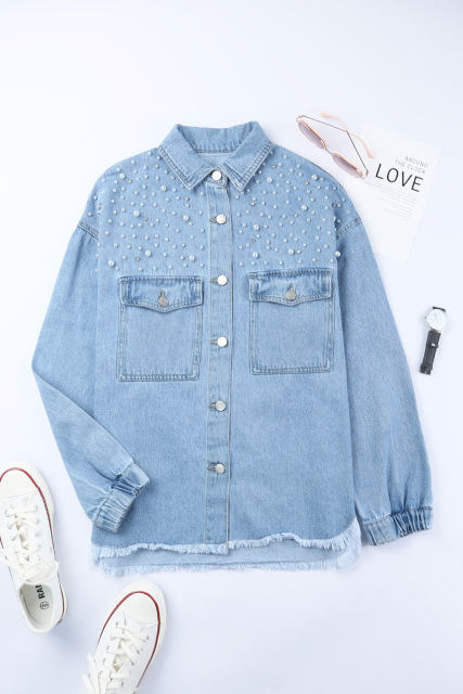 Sky Blue Rhinestone Pearls Denim Shacket LC788118-4