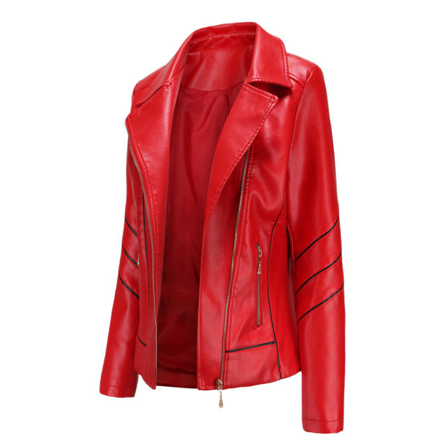 Red Turn Down Slim Fit PU Leather Jacket TQK280095-3
