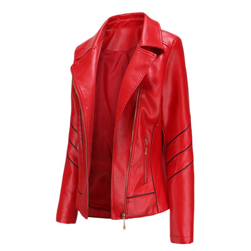 Red Turn Down Slim Fit PU Leather Jacket TQK280095-3