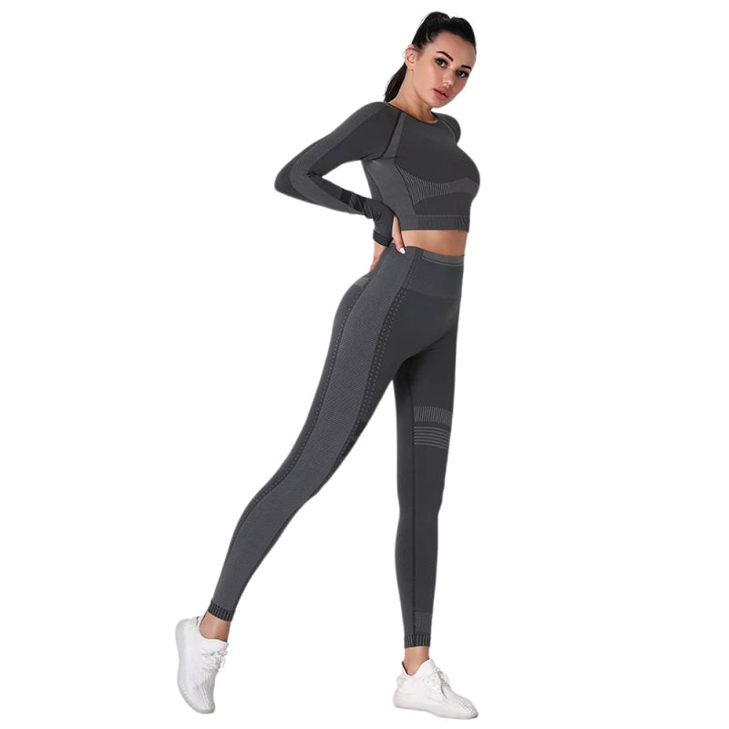 Black Seamless Knit Long Sleeve Pant Yoga Set TQE91372-2