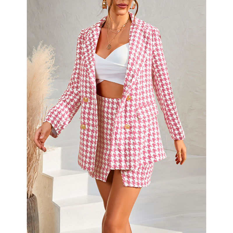 Pink Plaid Print Blazer and Button Split Skirt Set TQF711046-10