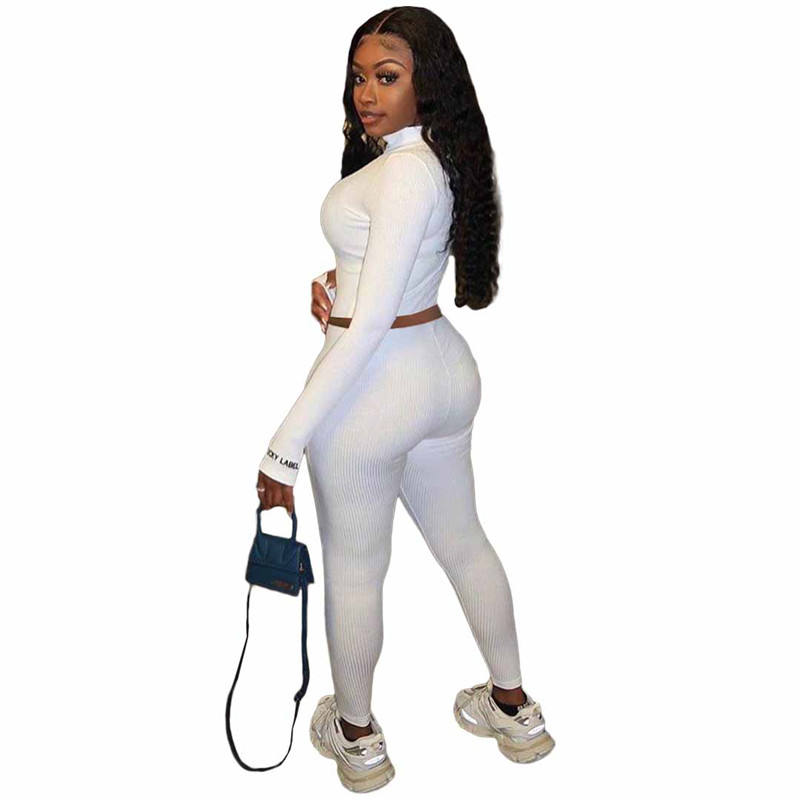 White Cotton Blend Zipper Datail Long Sleeve Top with Pant Set TQK710132-1