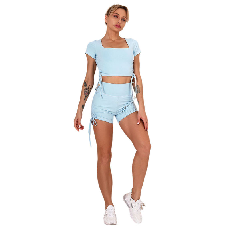 Light Blue Sides Drawstring Short Sleeve Yoga Short Set TQK710241-30