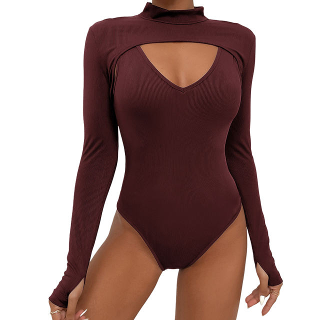 Burgundy Mock Neck Cut-out Ribbed Long Sleeve Bodysuit TQV220133-23
