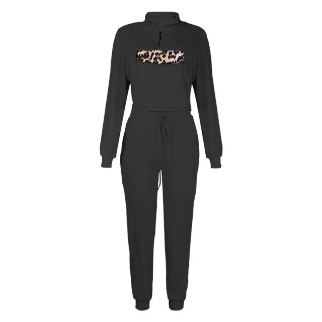 Black Zipper Up Leopard Detail Sweatshirt with Pant Set TQK710222-2