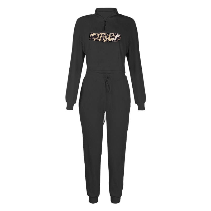 Black Zipper Up Leopard Detail Sweatshirt with Pant Set TQK710222-2