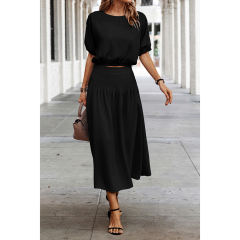 Black Pleated Crop Top with Skirt Set TQX711094-2