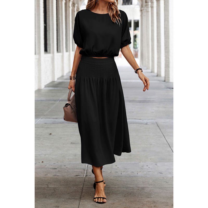 Black Pleated Crop Top with Skirt Set TQX711094-2