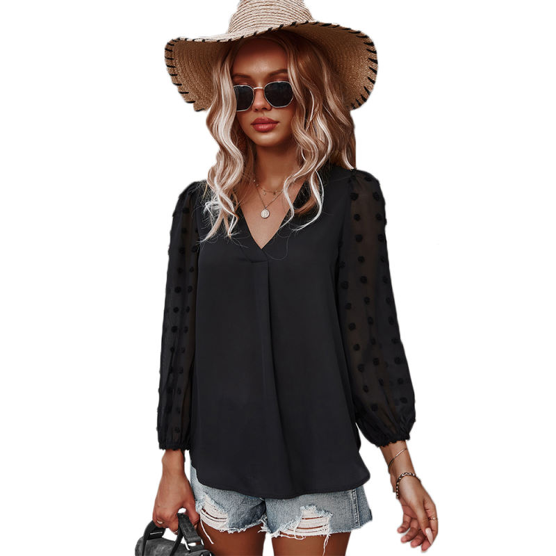 Black V Neck Chiffon Long Sleeve Blouse TQK210640-2