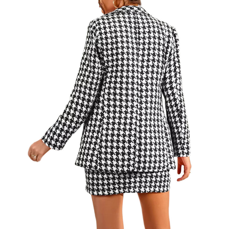 Black Plaid Print Blazer and Button Split Skirt Set TQF711046-2