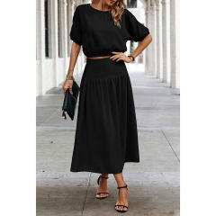 Black Pleated Crop Top with Skirt Set TQX711094-2