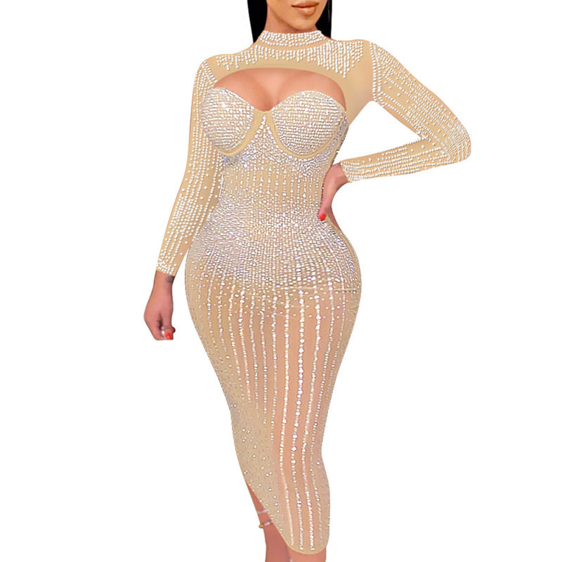 Apricot Mesh Rhinestone Beading Padded Long Sleeve Dress TQK311127-18