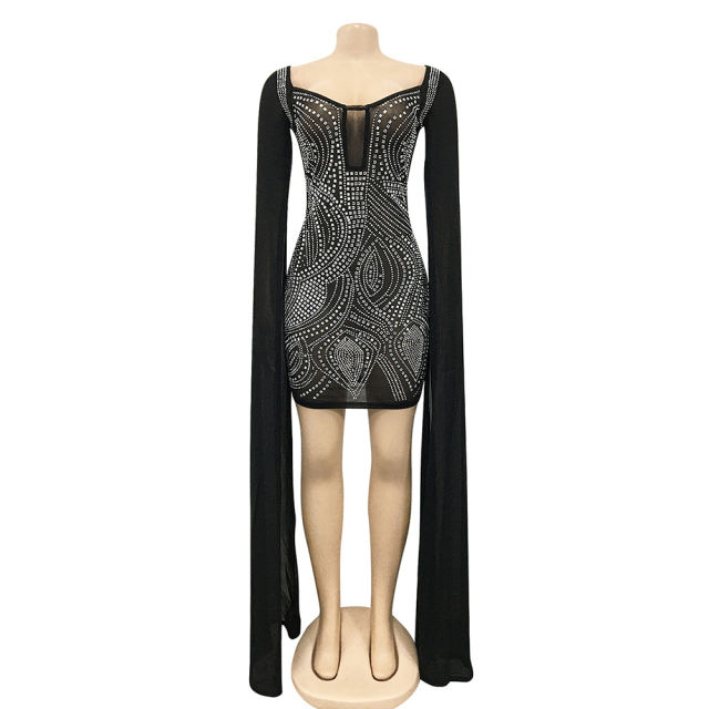 Black Mesh Rhinestone Cape Style long Sleeve Dress TQK310774-2