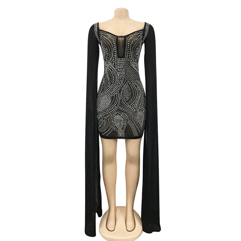 Black Mesh Rhinestone Cape Style long Sleeve Dress TQK310774-2