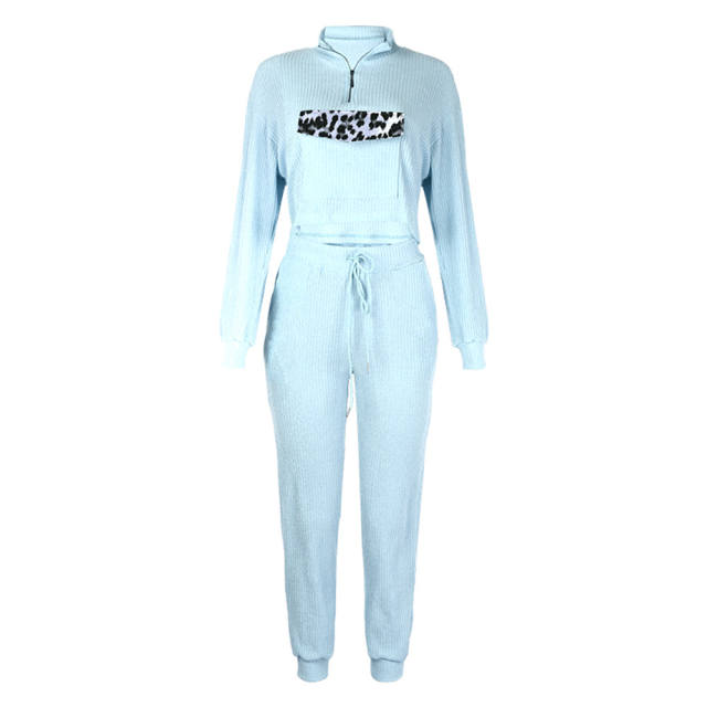 Light Blue Zipper Up Leopard Detail Sweatshirt with Pant Set TQK710222-30