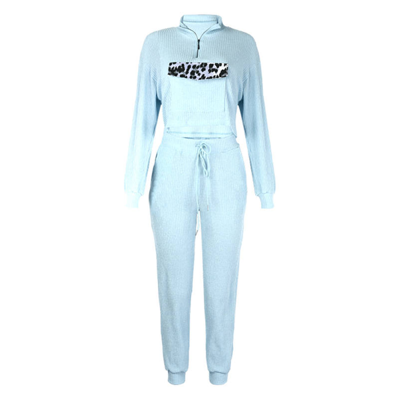 Light Blue Zipper Up Leopard Detail Sweatshirt with Pant Set TQK710222-30
