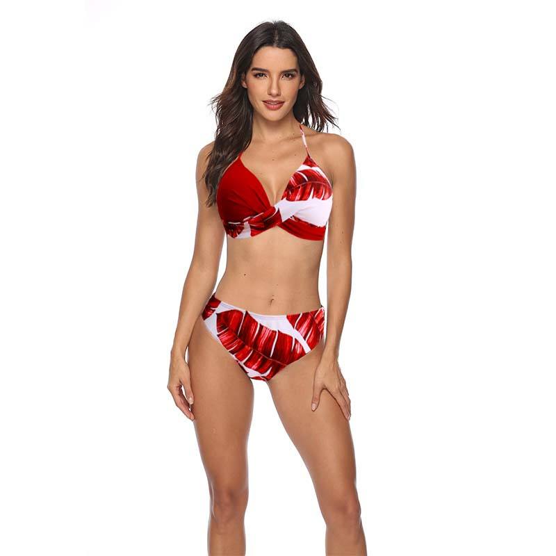 Red Leaf Print Halter Bikini Swimsuit TQK610119-3