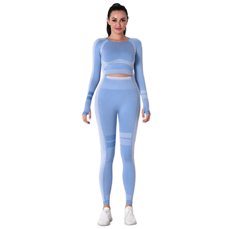 Light Blue Seamless Knit Long Sleeve Pant Yoga Set TQE91372-30